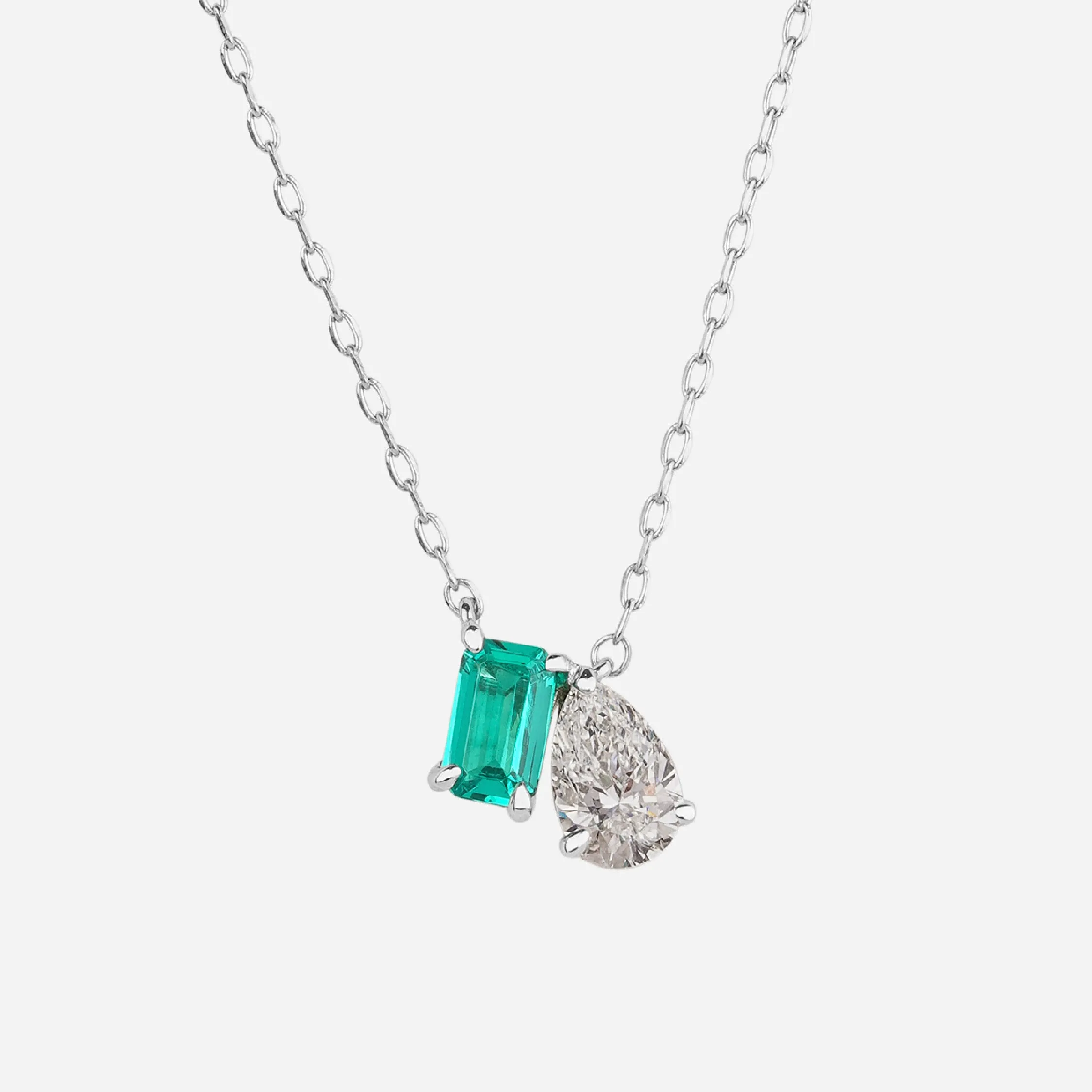 Emerald and Pear Diamond Pendant Necklace - Colour D/VVS sold by 7879