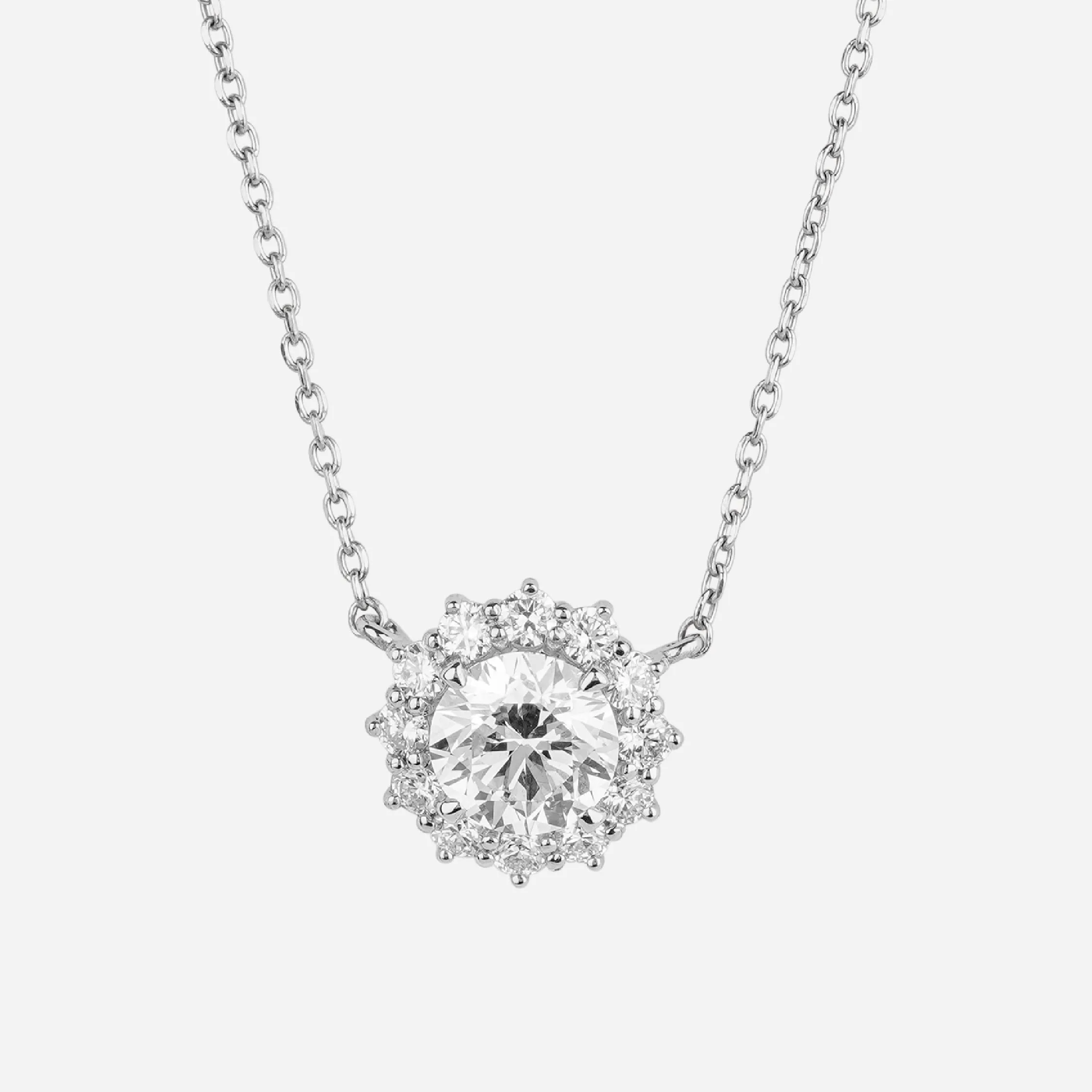 Round Cut Diamond Halo Pendant Necklace - Colour D/VVS sold by 7879