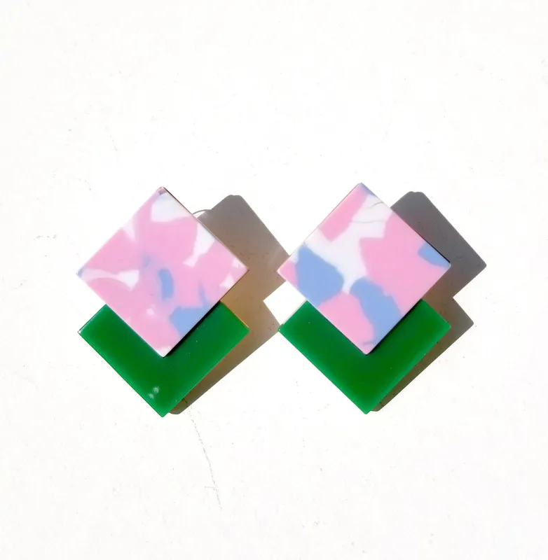Double Diamond Earrings • Terrazzo Pink on Green sold by Matter Matters