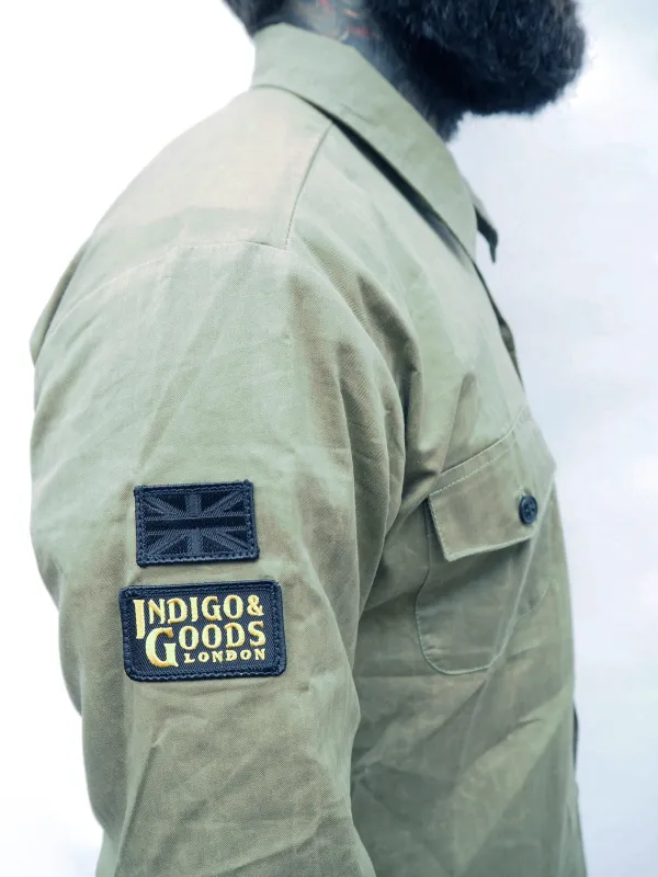 English Prison Patch Long Sleeve shirt - Light Olive herringbone sold by Indigo and Goods
