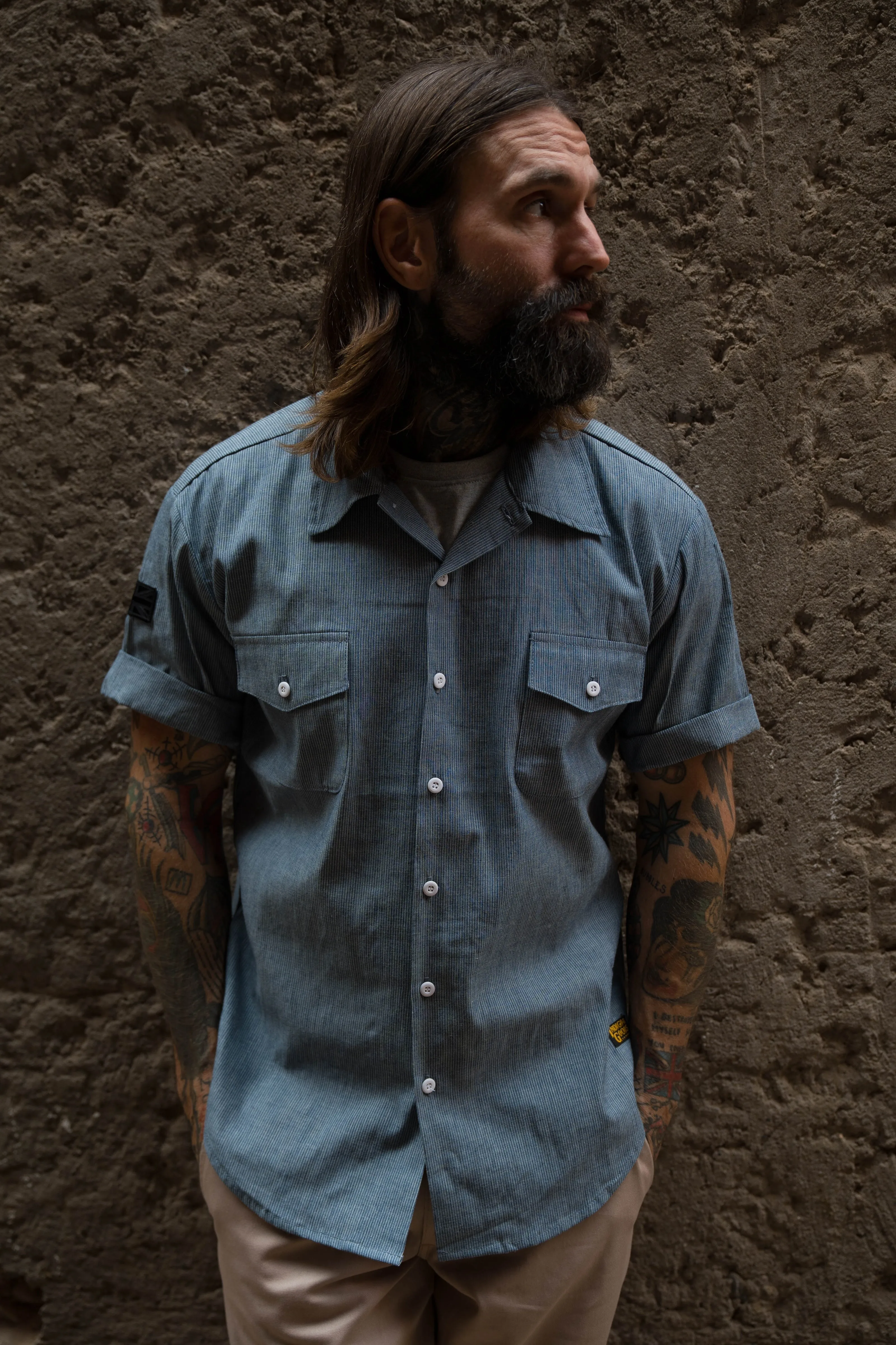 English Prison Patch Shirt - Indigo Stripe sold by Indigo and Goods