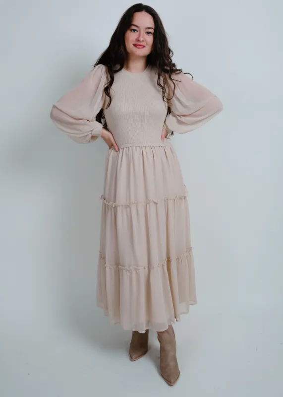 Melody Chiffon Midi Dress - Natural sold by Vinnie Louise