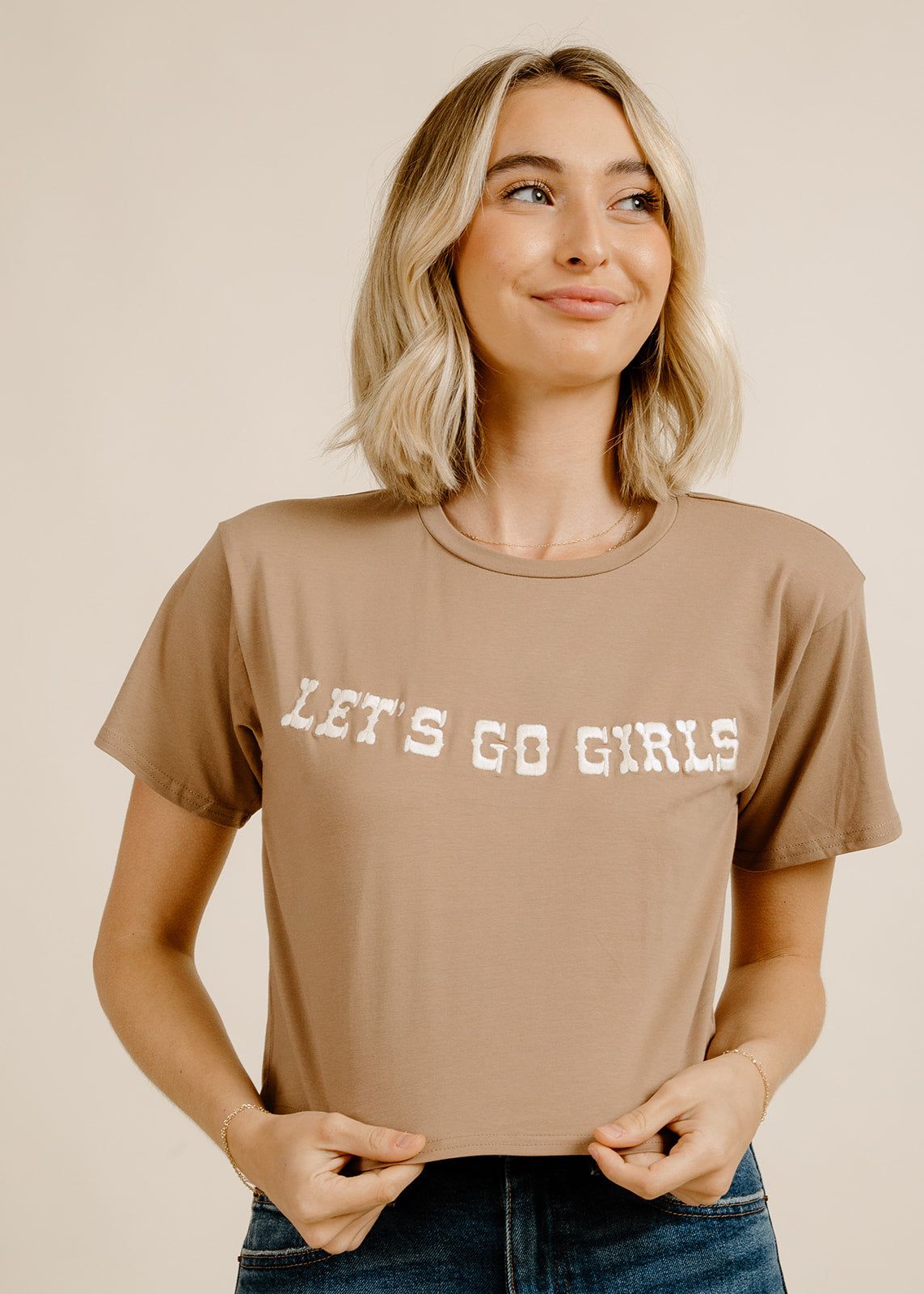 Let's Go Girls Embroidered Tee - Mocha sold by Vinnie Louise