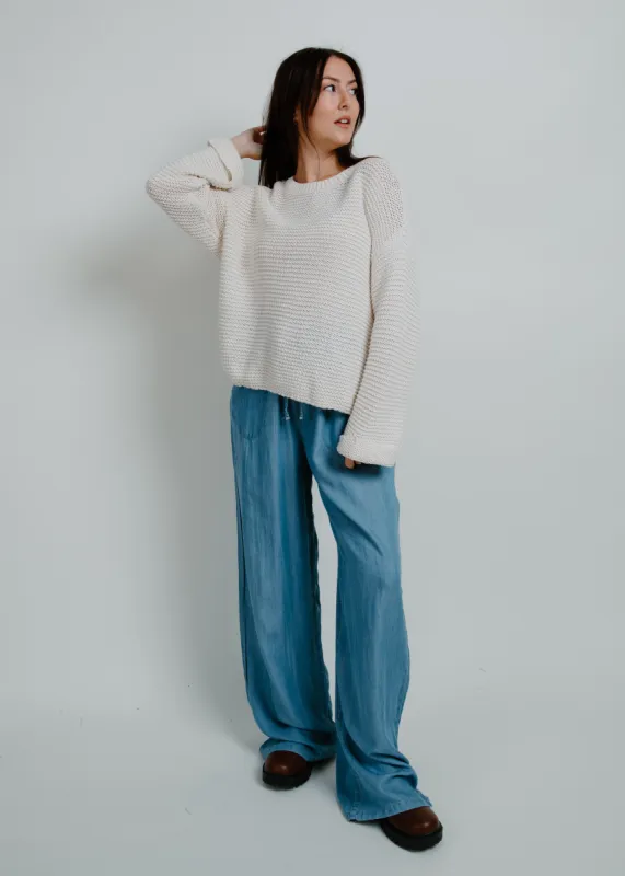 Honeybee Chambray High Waisted Drawstring Pants made by Blu Pepper