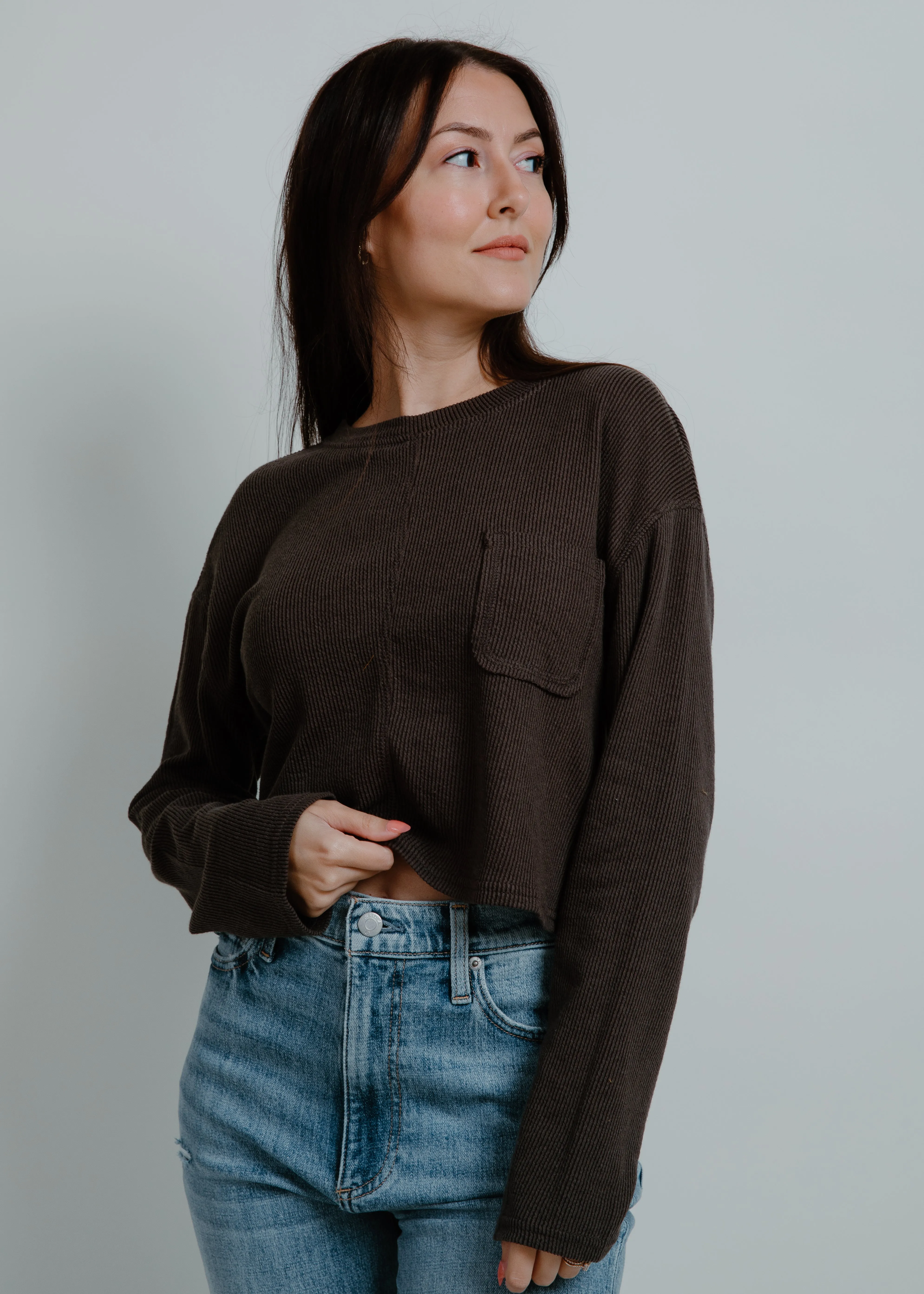 Brooklyn Long Sleeve Ribbed Knit Top - Charcoal sold by Vinnie Louise