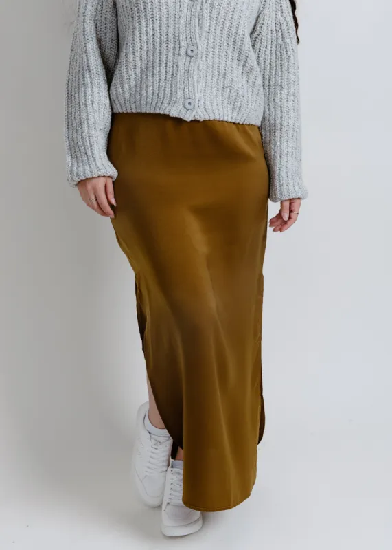 Kaity Satin Side Slit Midi Skirt sold by Vinnie Louise