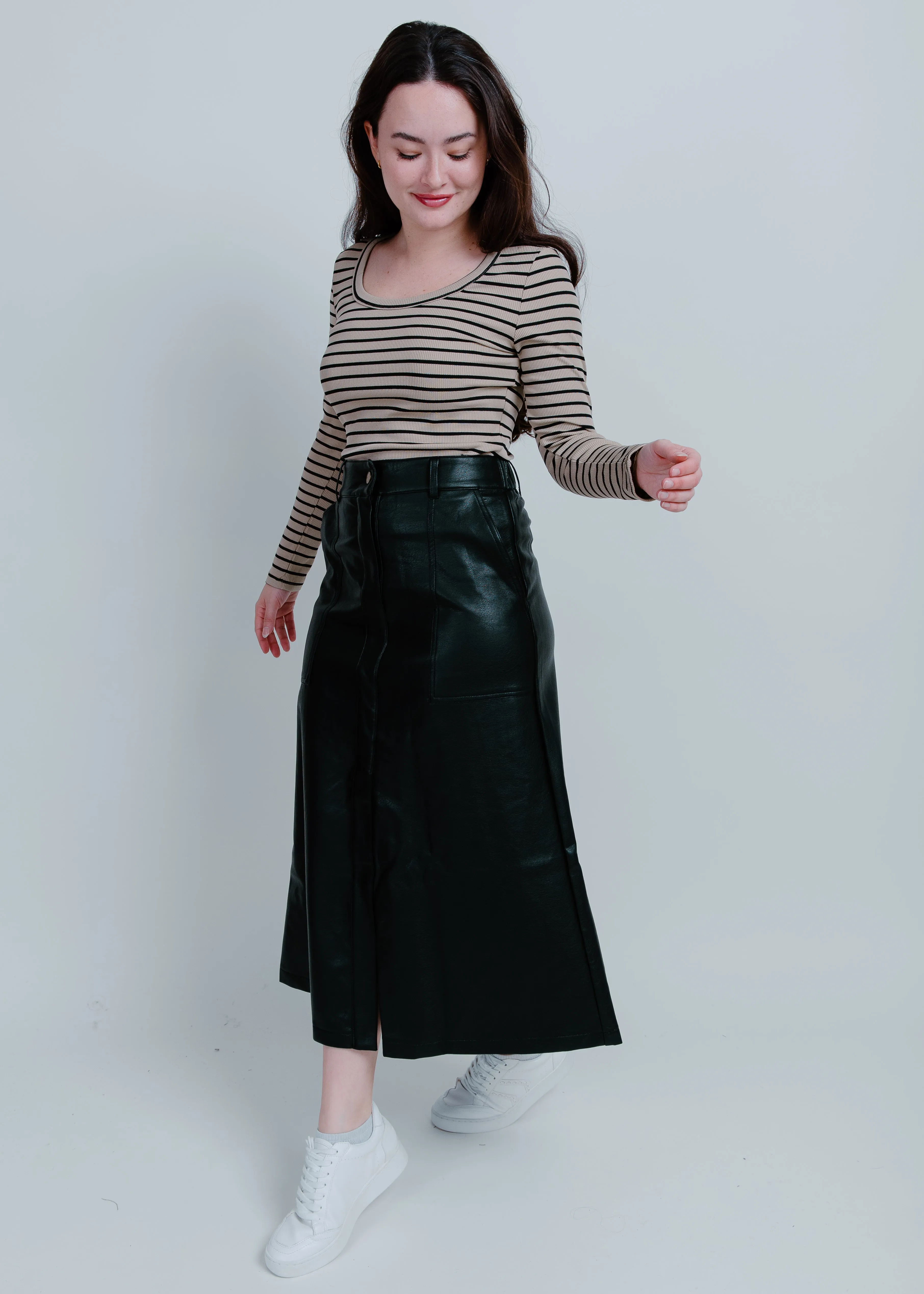 Lena Faux Leather Midi Skirt sold by Vinnie Louise