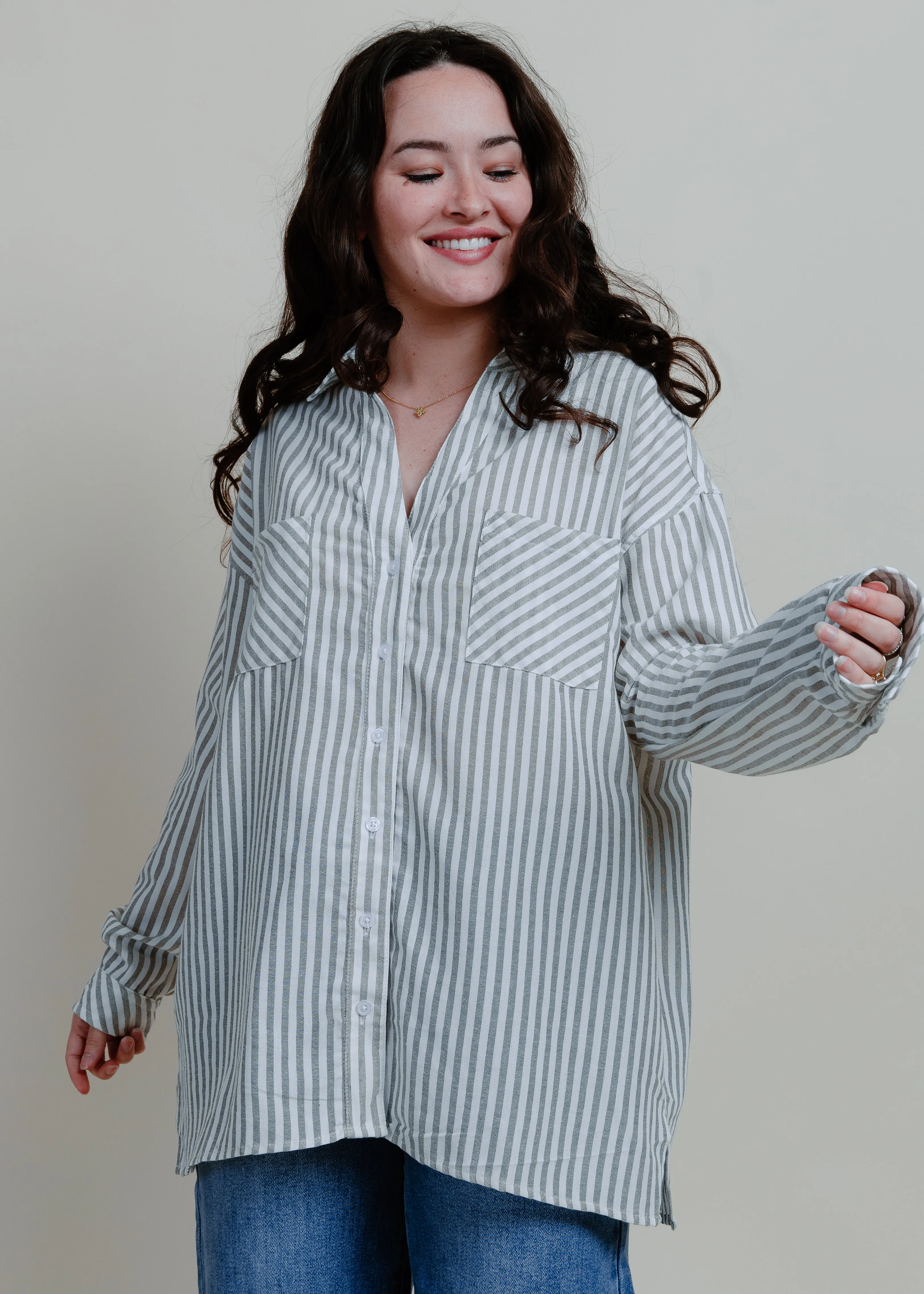 Braylan Striped Button Down Top - Grey sold by Vinnie Louise