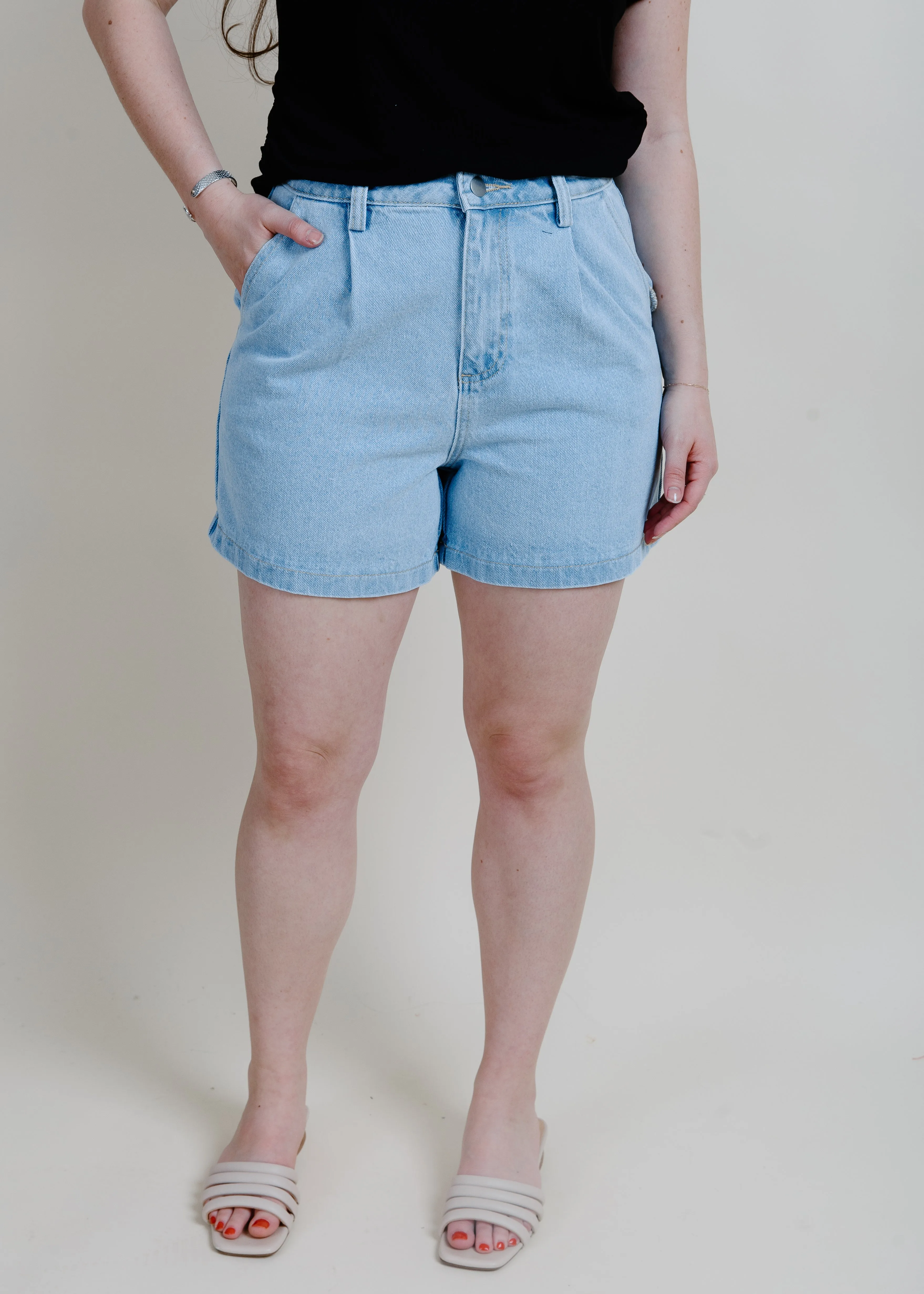 Evening Stroll Pleated Denim Shorts - Blue sold by Vinnie Louise