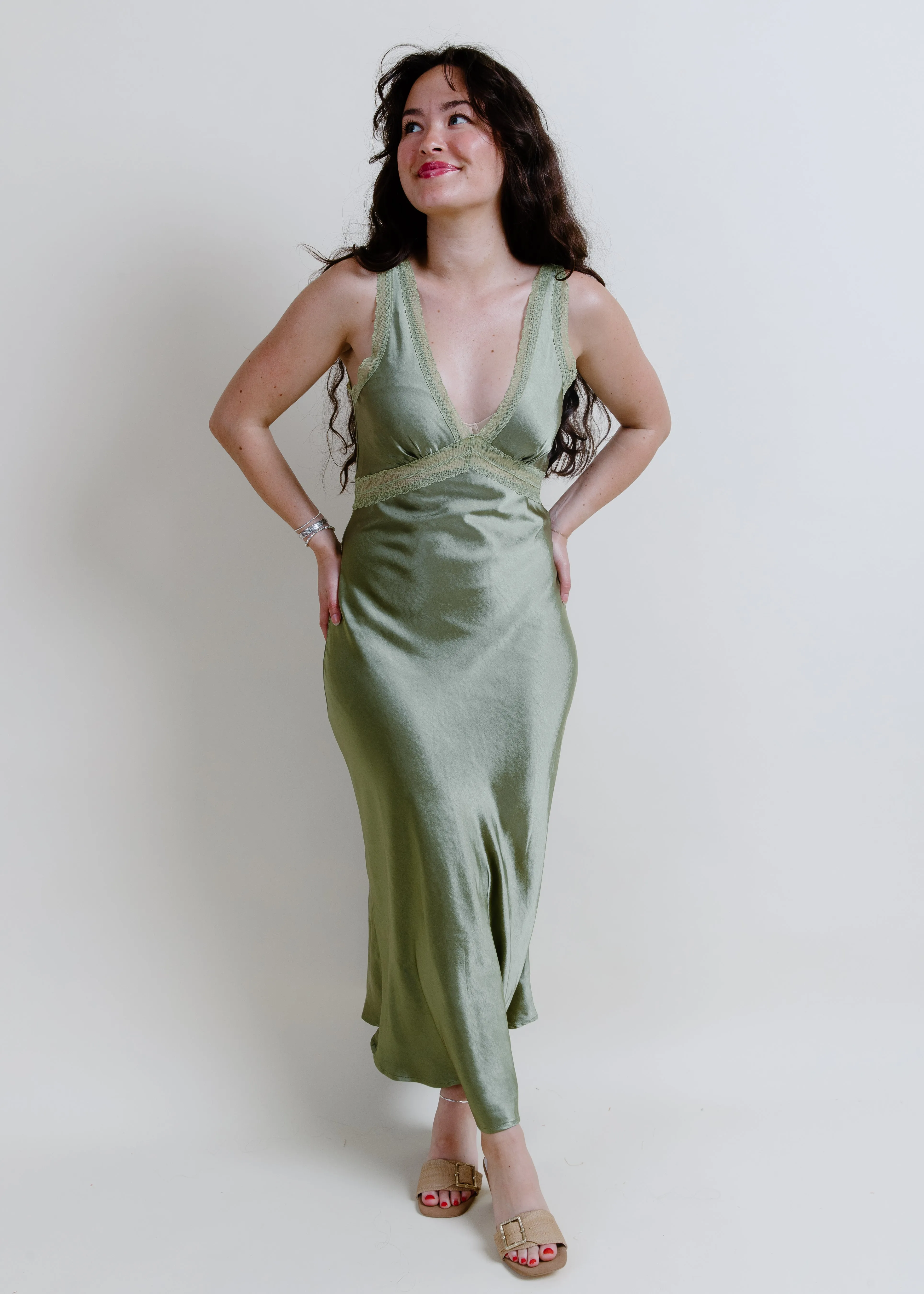 Charleston Satin Maxi Dress - Olive sold by Vinnie Louise product image thumbnail 4