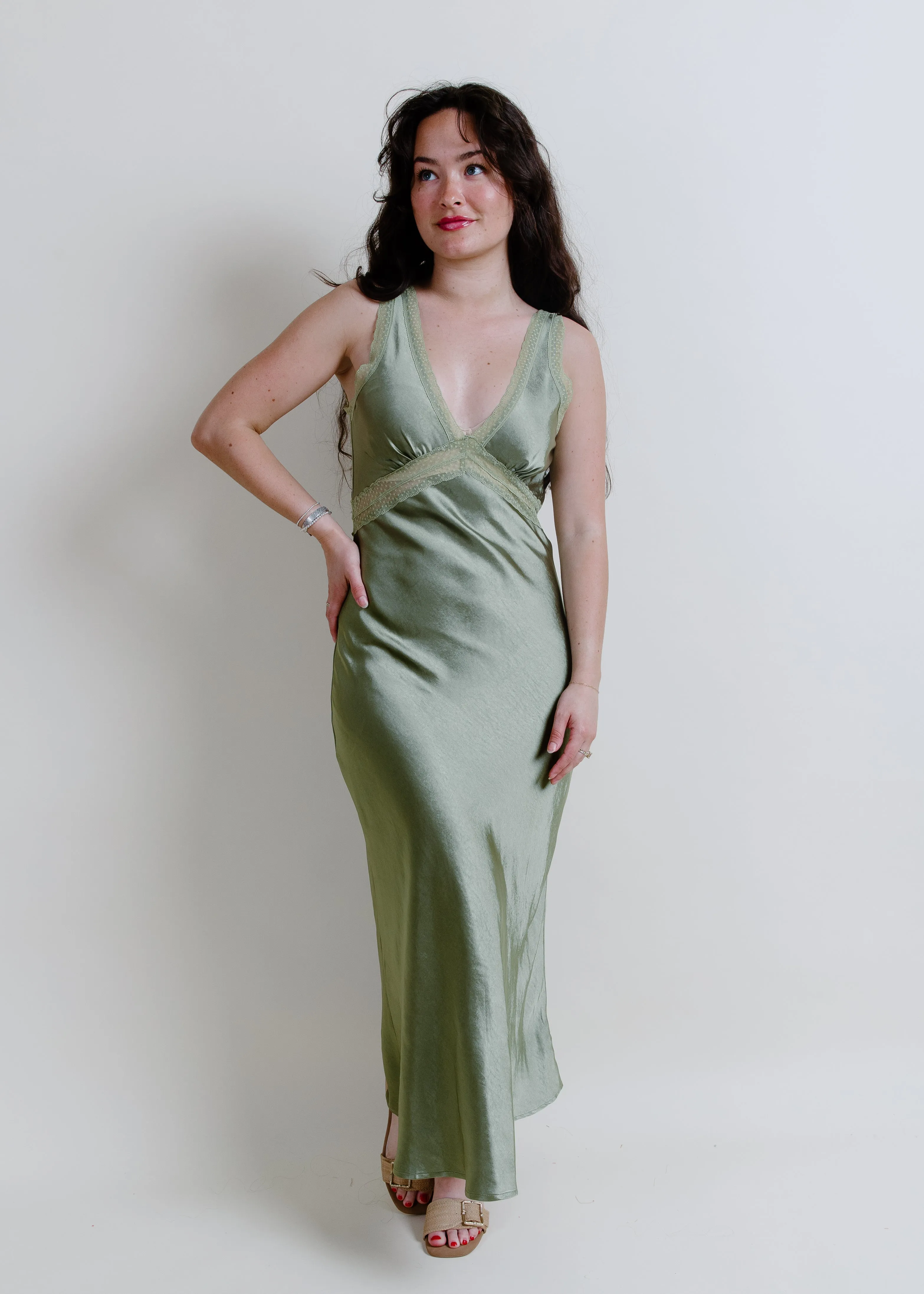 Charleston Satin Maxi Dress - Olive sold by Vinnie Louise