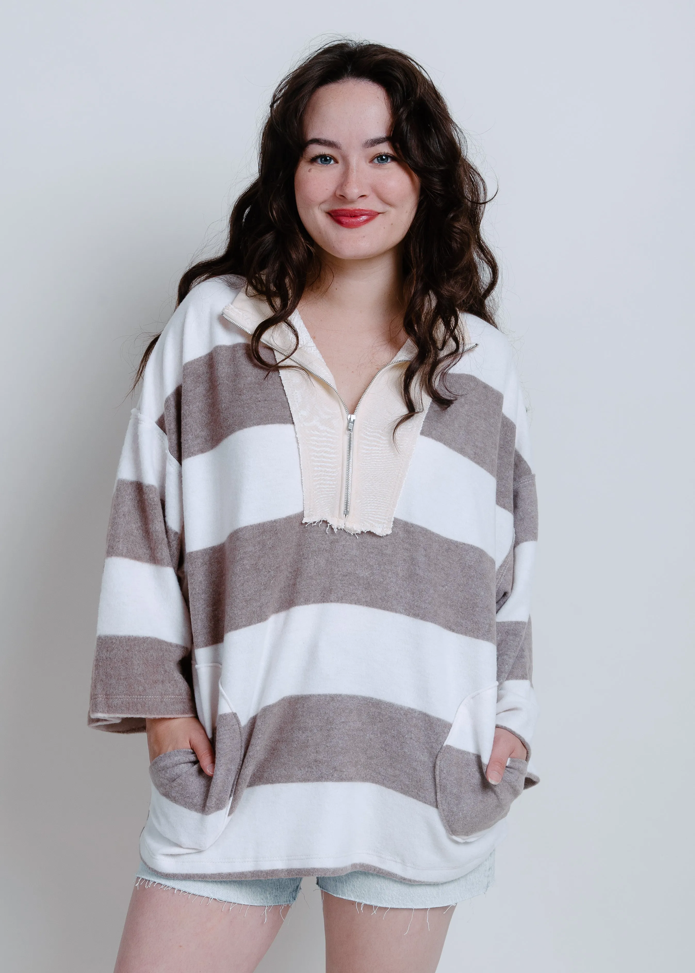 Rugby Striped Quarter Zip - Brown sold by Vinnie Louise