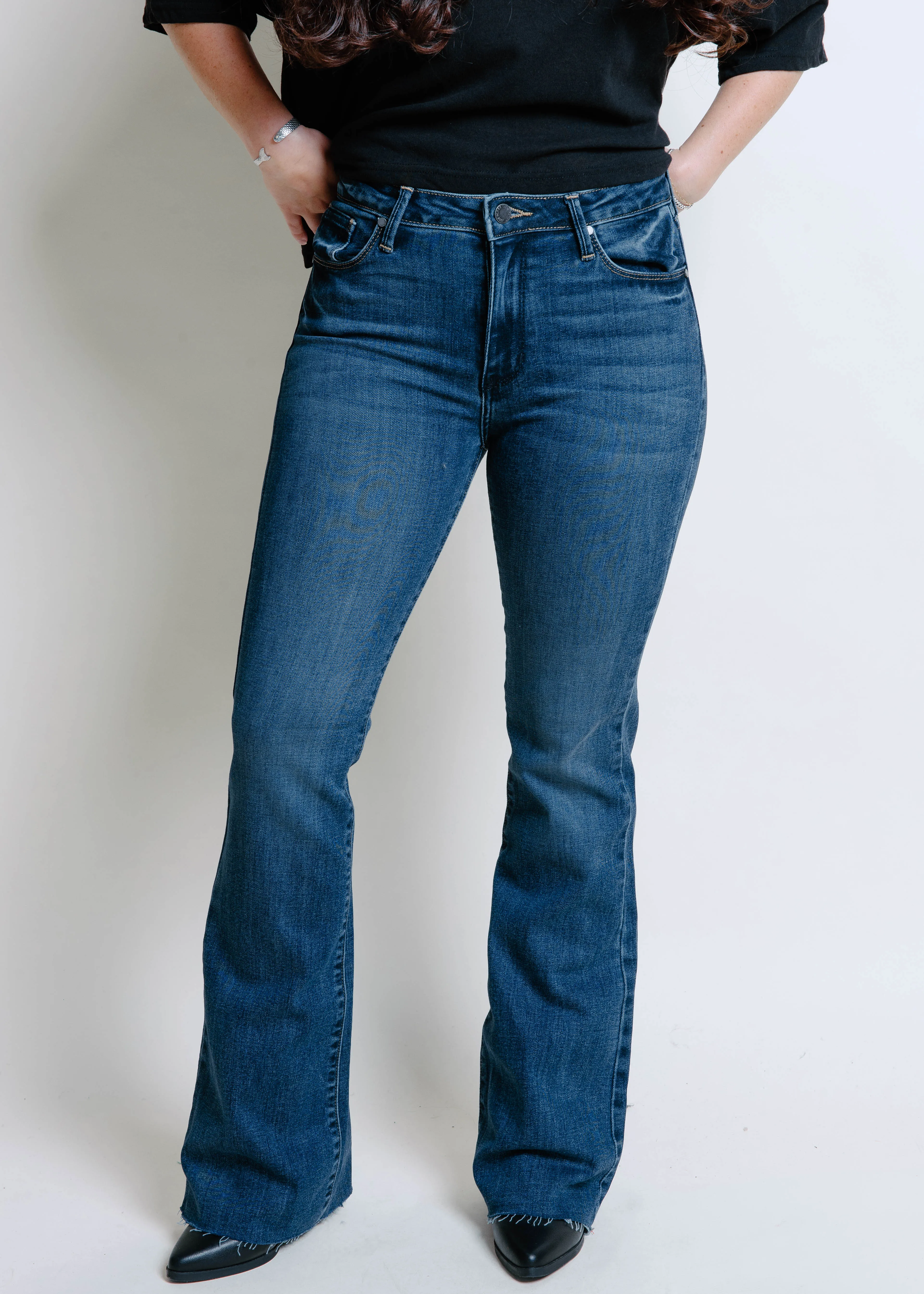 Jessie High Rise Scissor Cut Flare sold by Vinnie Louise