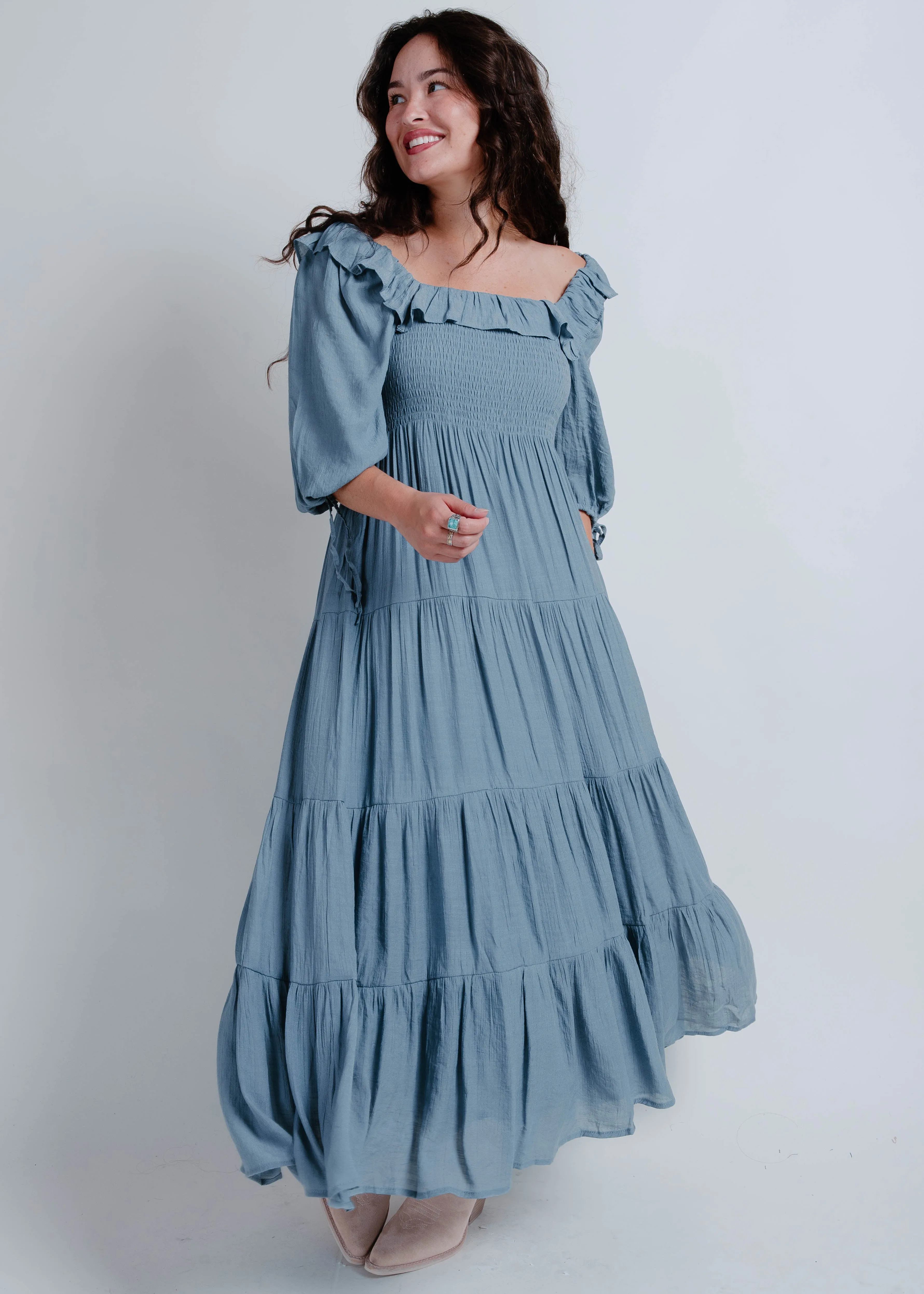 Crue Tiered Midi Dress - Cloud sold by Vinnie Louise