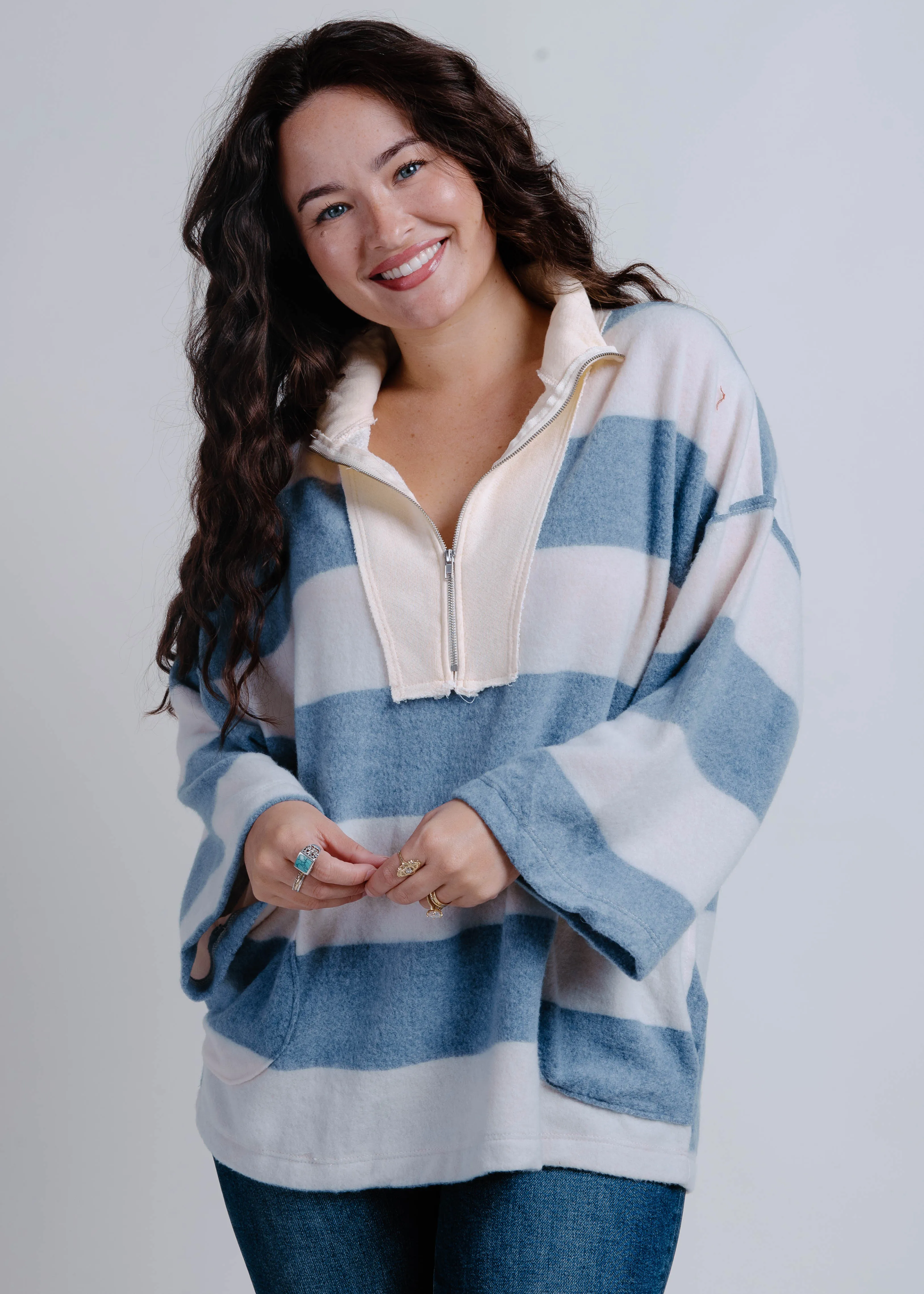 Rugby Striped Quarter Zip - Navy sold by Vinnie Louise