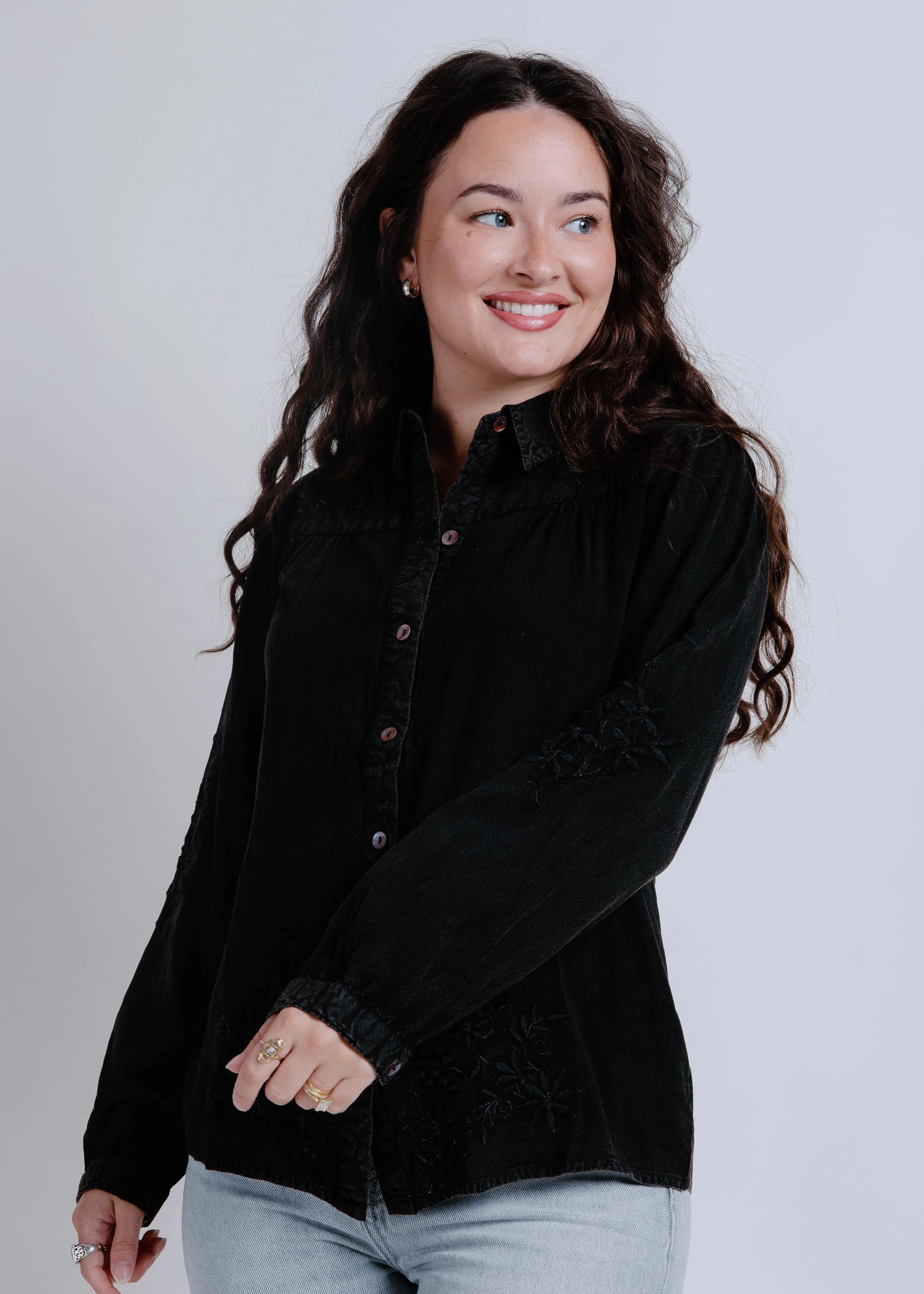 Hyatt Collared Long Sleeve Top - Black sold by Vinnie Louise