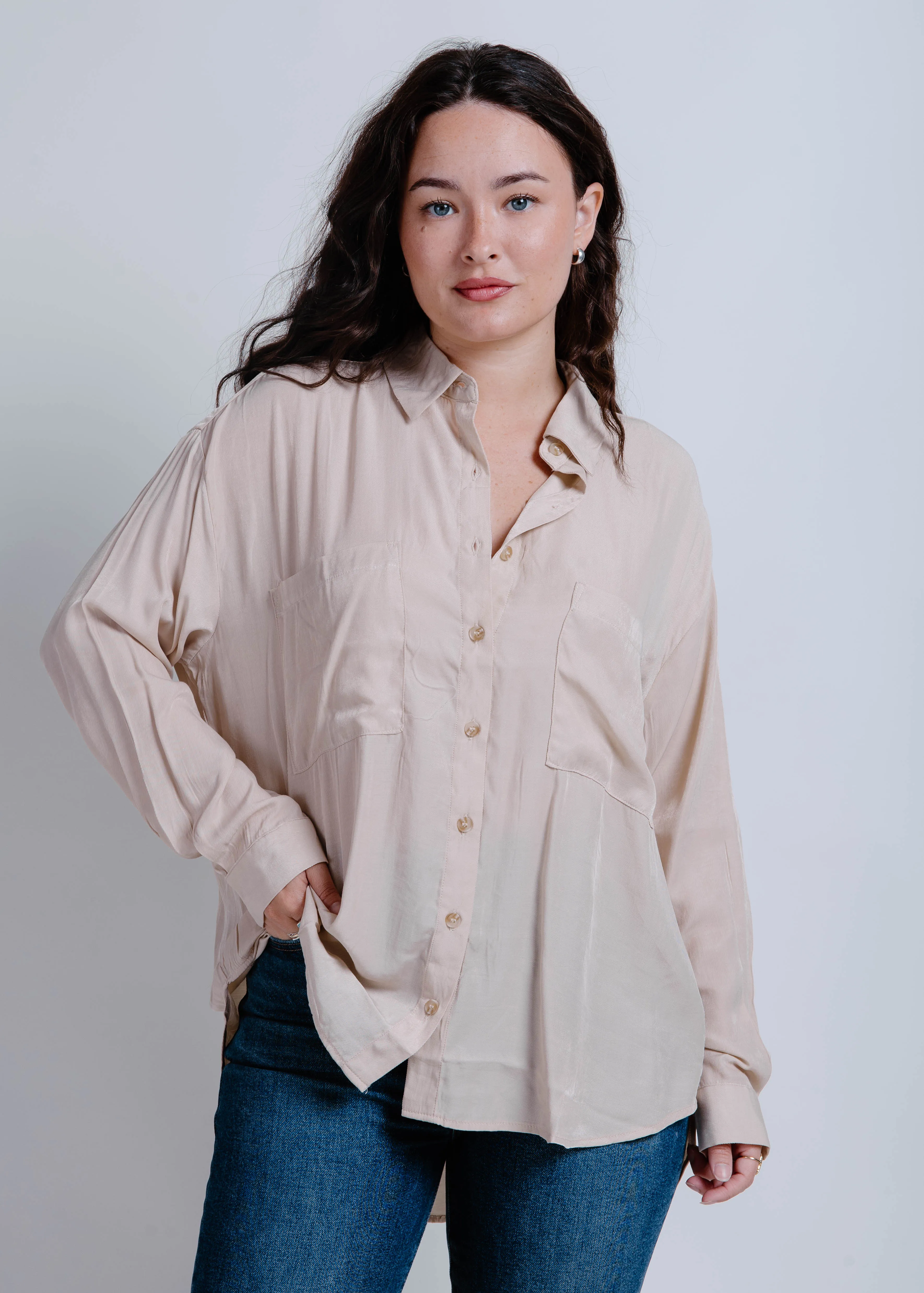 Lee Button Down Top - Light Khaki sold by Vinnie Louise