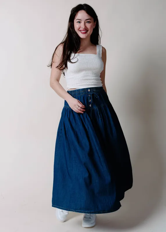 The Reese Denim Maxi Skirt made by Blu Pepper