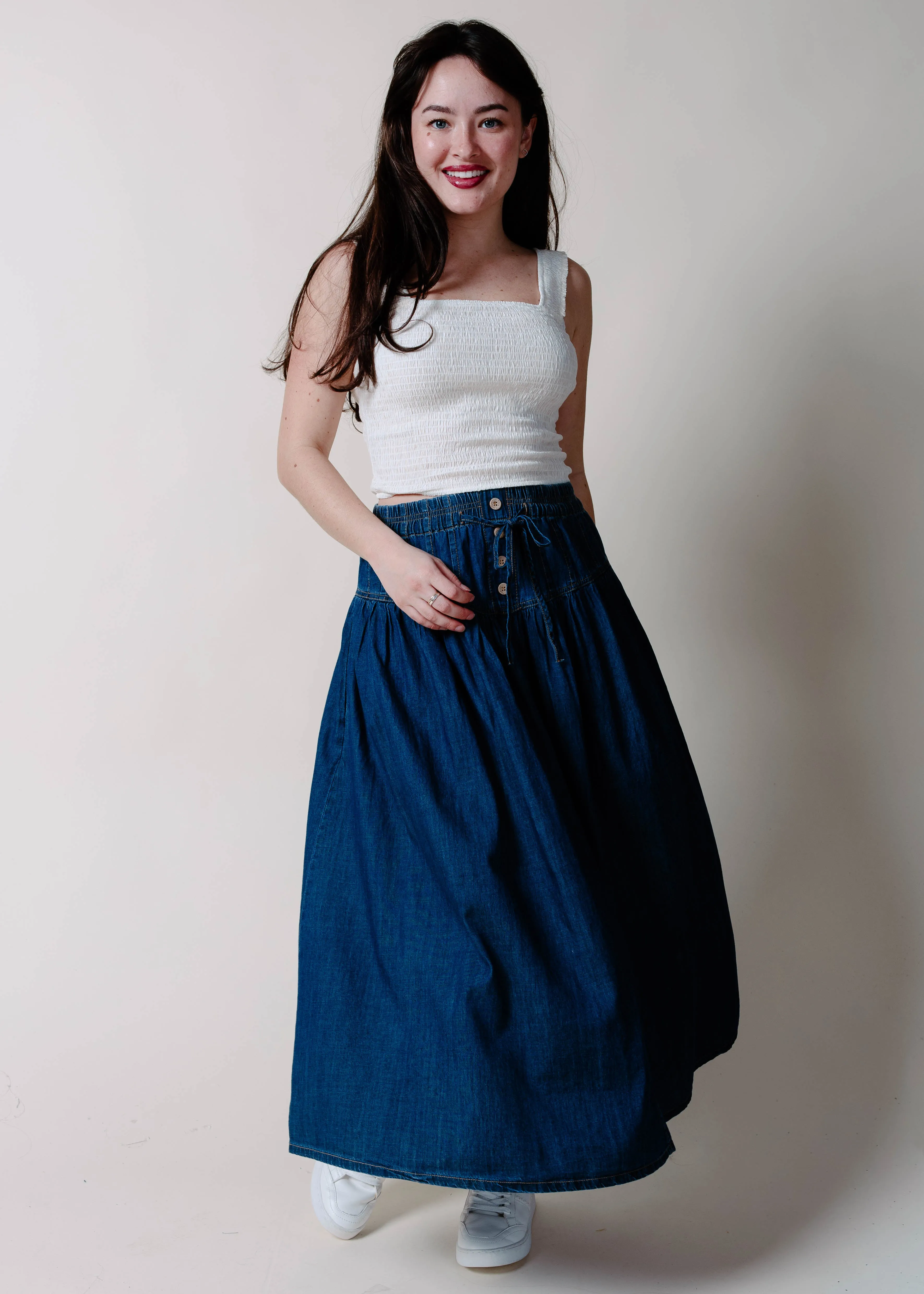 The Reese Denim Maxi Skirt sold by Vinnie Louise