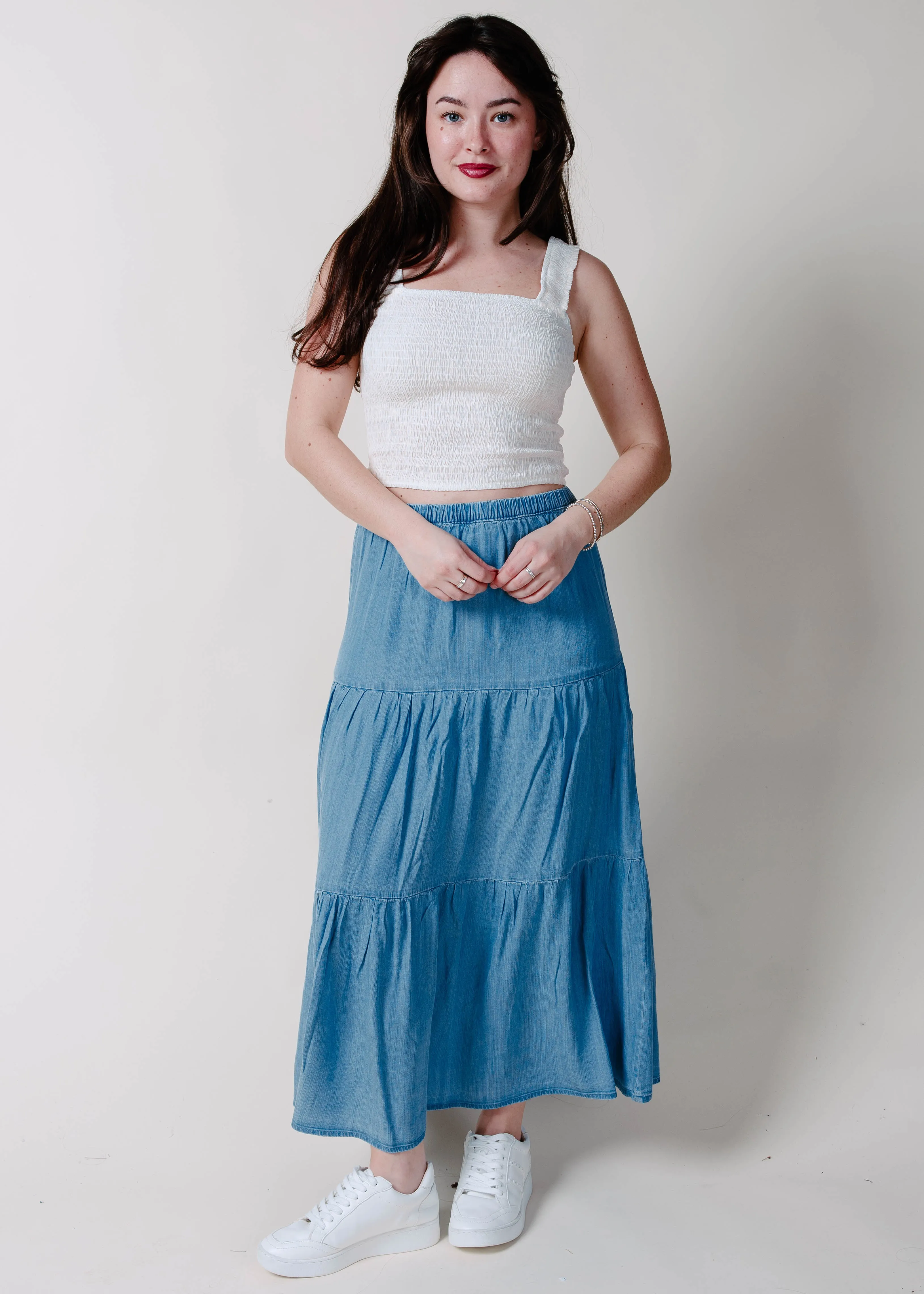 The Golden Coast Denim Maxi Skirt sold by Vinnie Louise