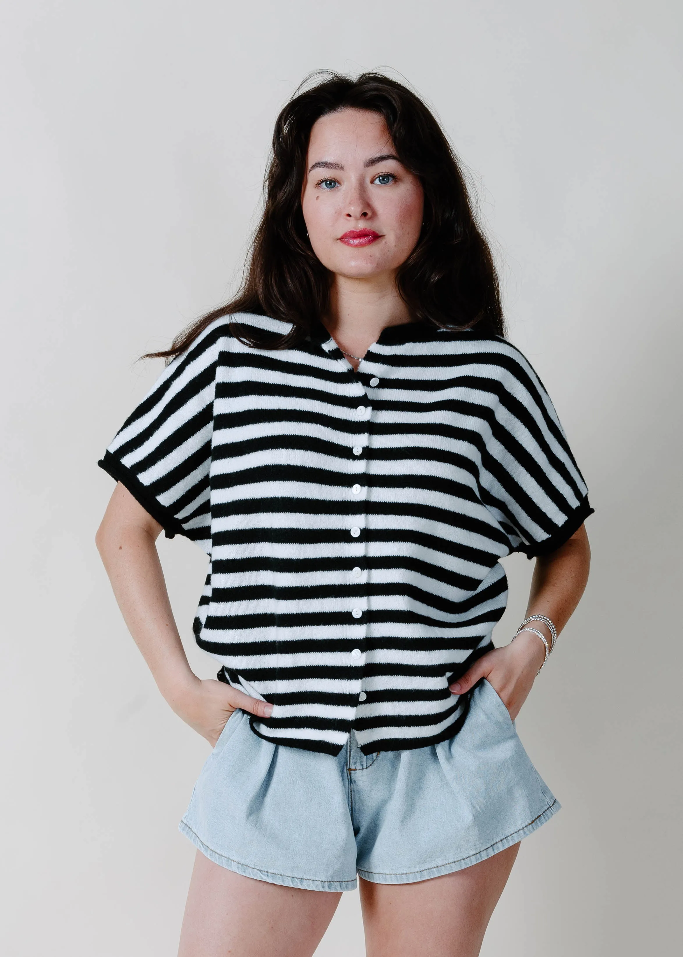 The Kaleigh Short Sleeve Cardigan - Black & White sold by Vinnie Louise