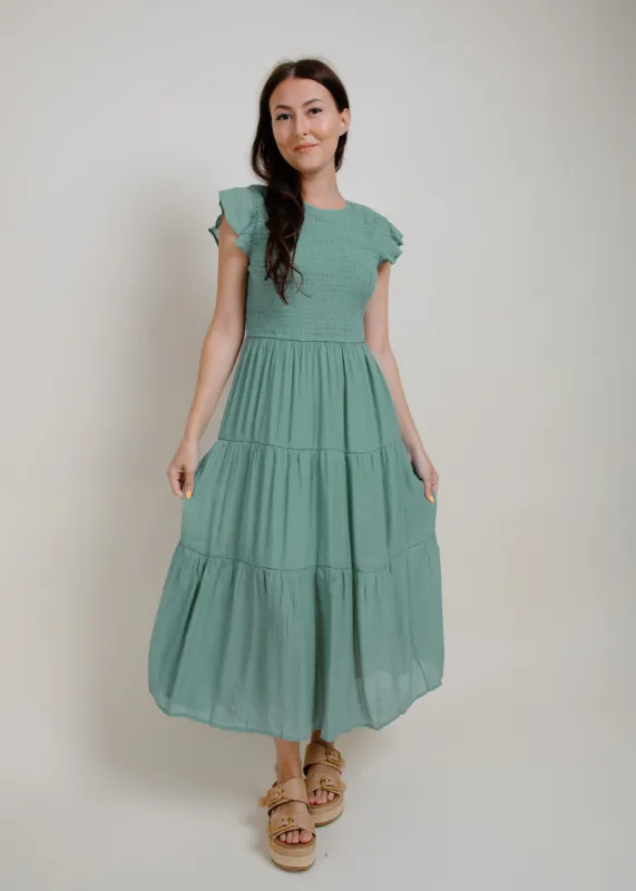Lilly Sage Smocked Midi Dress sold by Vinnie Louise