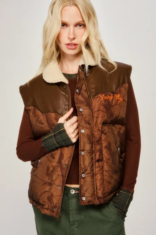 Mountain Puffer Vest - Chocolate Camo sold by Dairy Boy