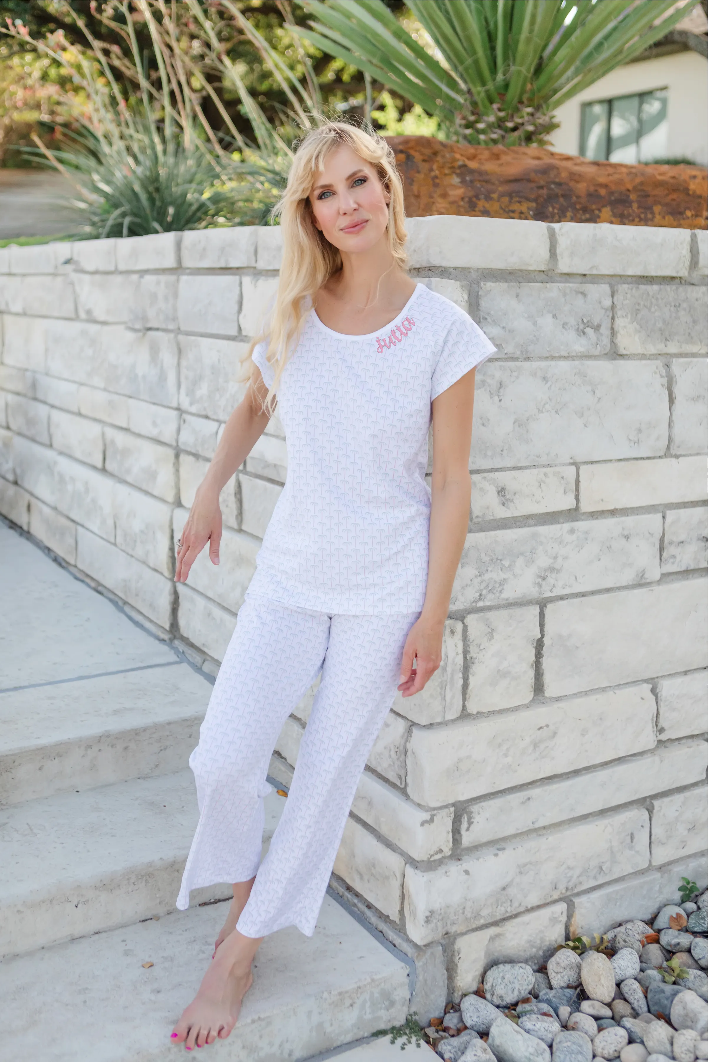 SALE Mamie Women's Pima Cotton Pajama Pant Set - Pacific Palms Pink sold by Lila and Hayes product image thumbnail 4