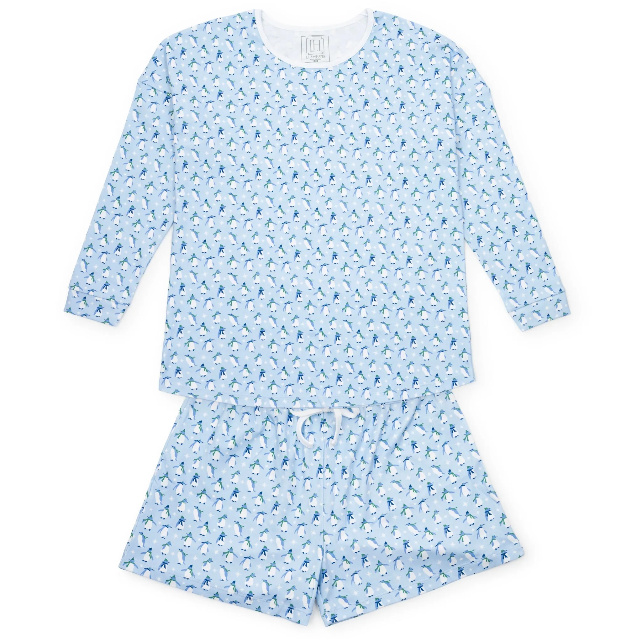 Anna Women's Longsleeve Short Set - Penguin Party Blue sold by Lila and Hayes
