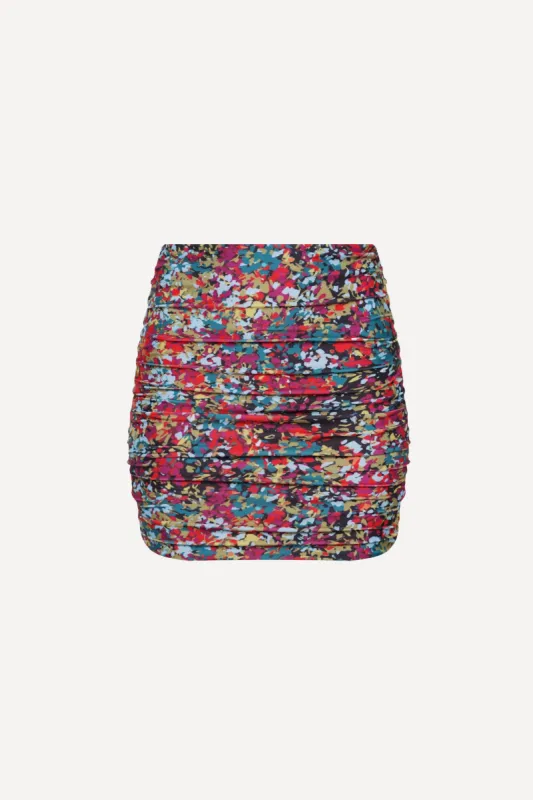 Red Confetti Ruched Mini Skirt sold by Playaluxe