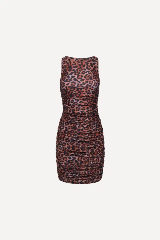 Ibiza Ruched Mini Dress Leopard sold by Playaluxe