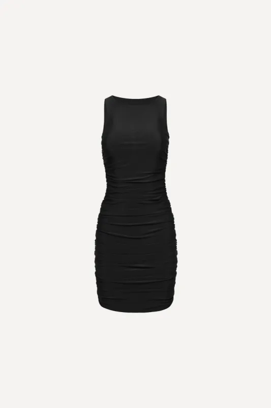 Ibiza Ruched Mini Dress Black sold by Playaluxe