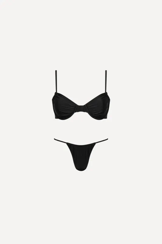 Capri Ruched Underwire String Bikini Set Black sold by Playaluxe
