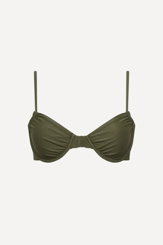Olive Green Ruched Underwire Bikini Top sold by Playaluxe