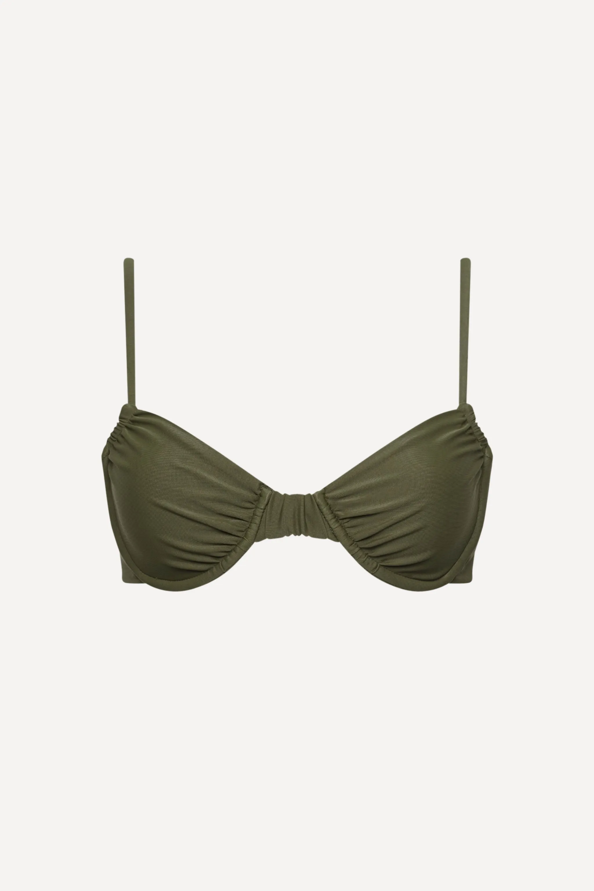 Olive Green Ruched Underwire Bikini Top sold by Playaluxe