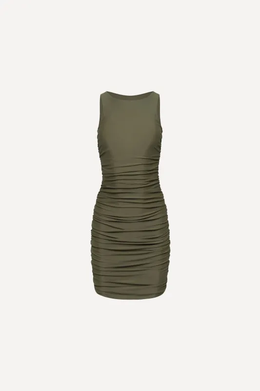 Olive Ruched Mini Dress sold by Playaluxe