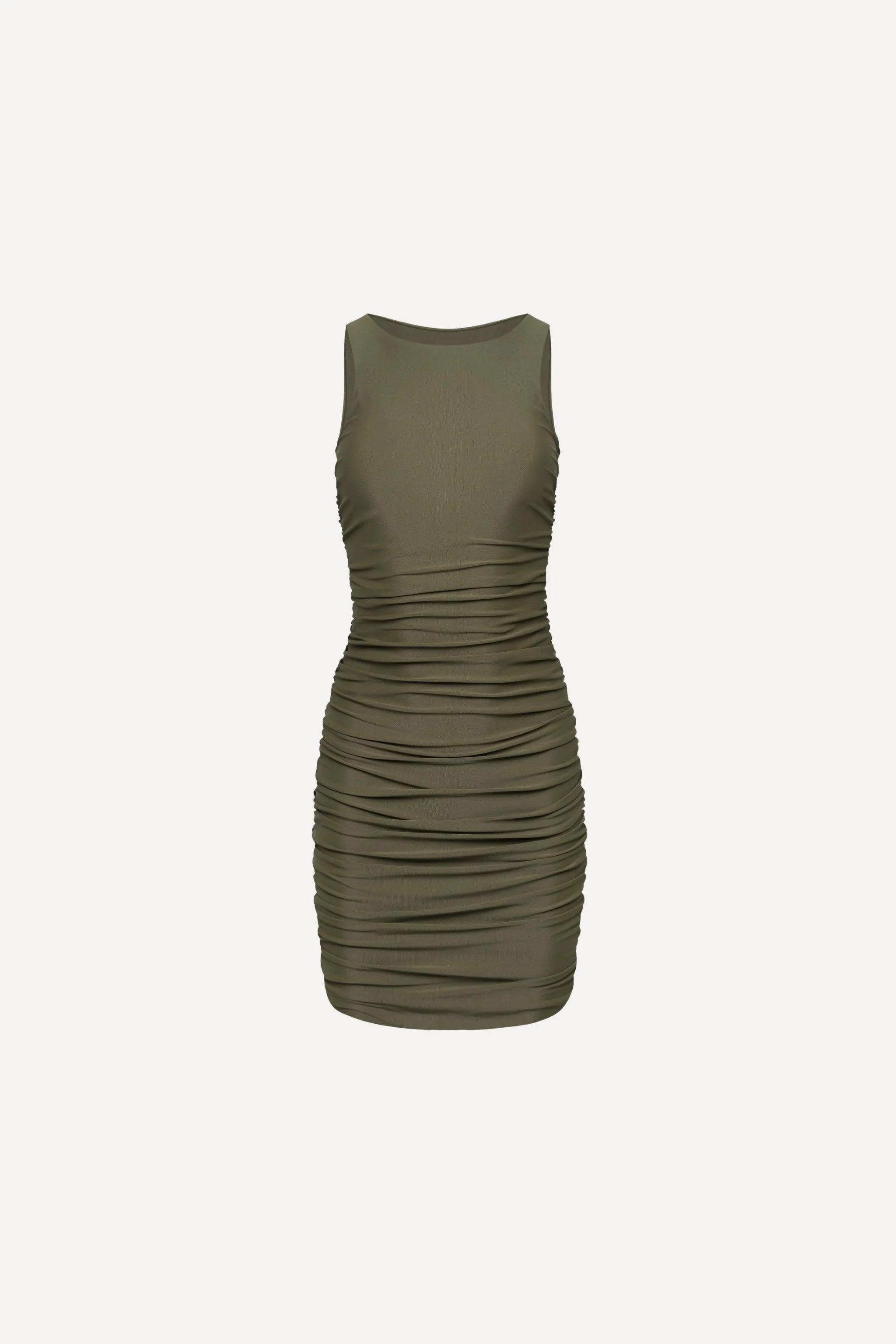 Olive Ruched Mini Dress sold by Playaluxe