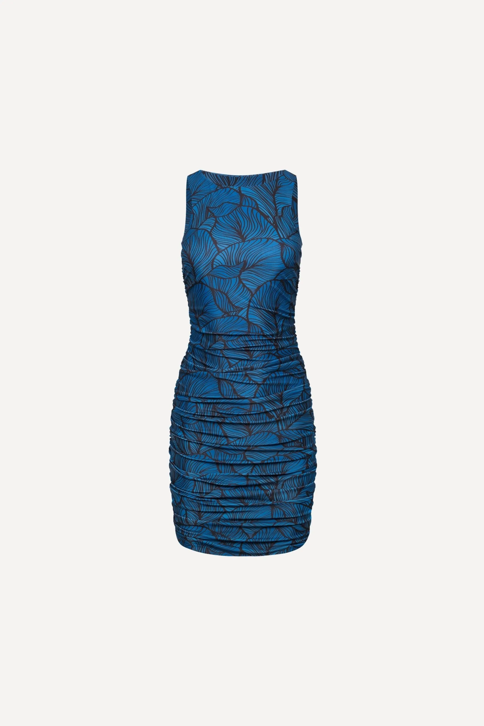Blue Leaf Ruched Mini Dress sold by Playaluxe