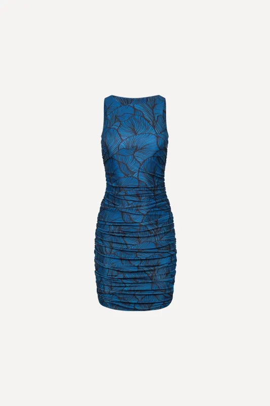 Ibiza Ruched Mini Dress Blue Leaf sold by Playaluxe