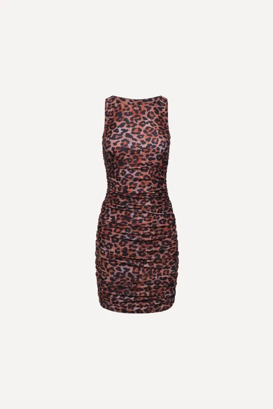 Ibiza Ruched Mini Dress Leopard sold by Playaluxe