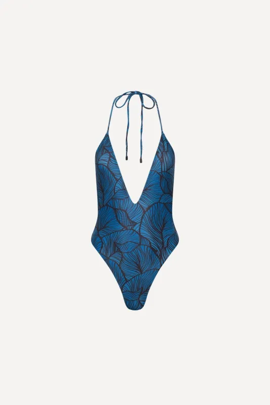Los Cabos Deep V One Piece Blue Leaf sold by Playaluxe