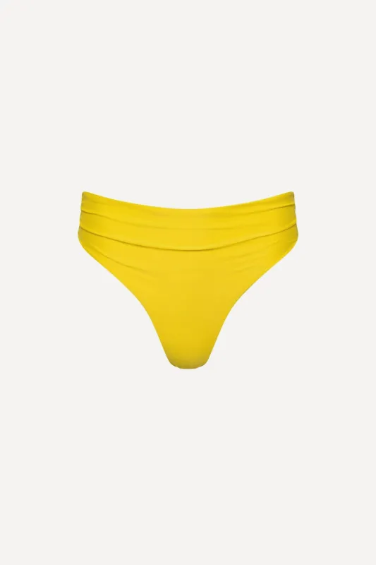 Capri Ruched High Waist Thong Bikini Bottom Yellow sold by Playaluxe