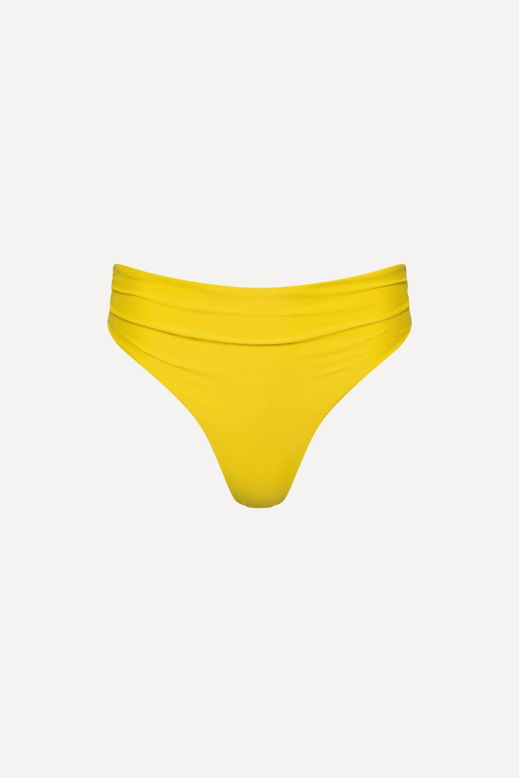 Capri Ruched High Waist Thong Bikini Bottom Yellow sold by Playaluxe