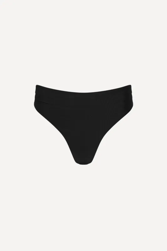 Capri Ruched High Waist Thong Bikini Bottom Black sold by Playaluxe