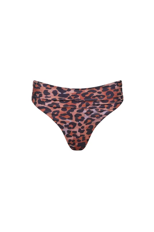 Capri Ruched High Waist Thong Bikini Bottom Leopard sold by Playaluxe