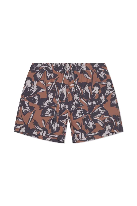 Tulum Volley Swim Trunk Tobacco Flower sold by Playaluxe