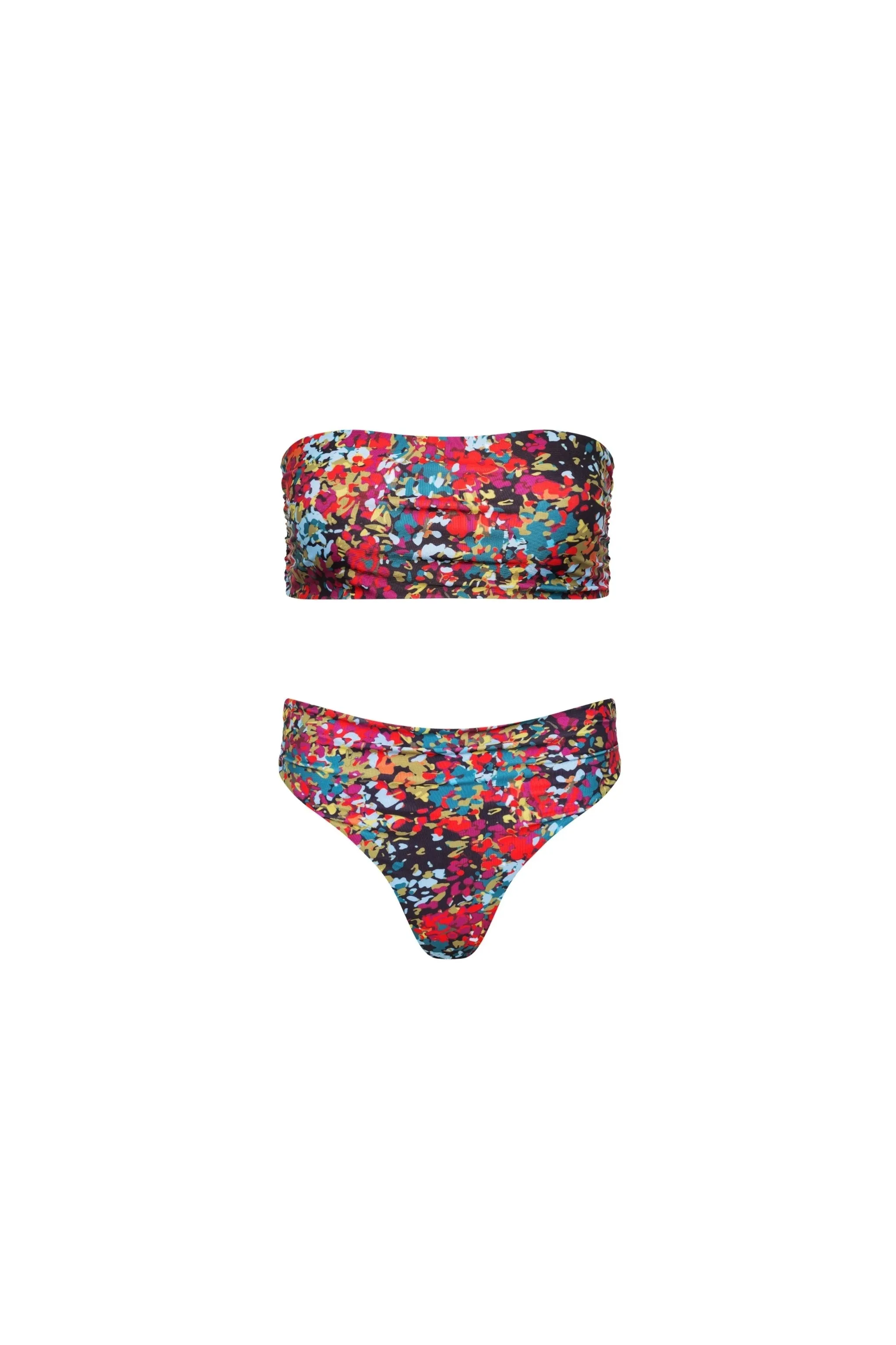 Capri Ruched Bandeau Bikini Set Red Confetti Floral sold by Playaluxe
