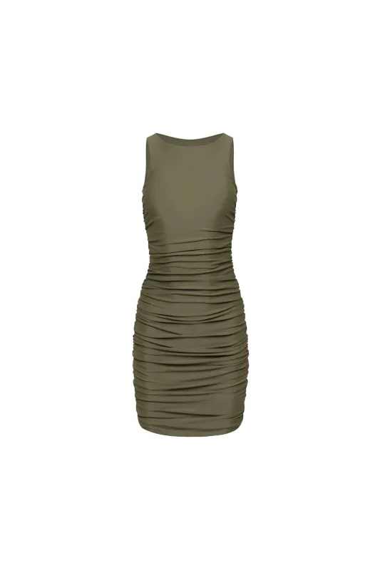 Ibiza Ruched Mini Dress Olive sold by Playaluxe