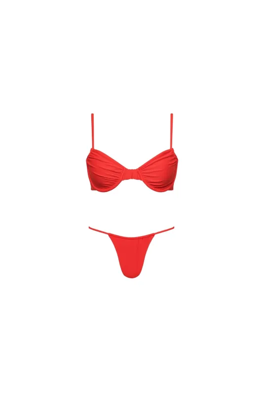 Capri Ruched Underwire String Bikini Set Red sold by Playaluxe