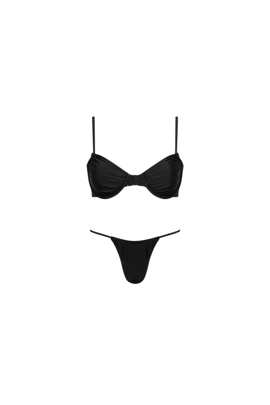 Capri Ruched Underwire String Bikini Set Black sold by Playaluxe